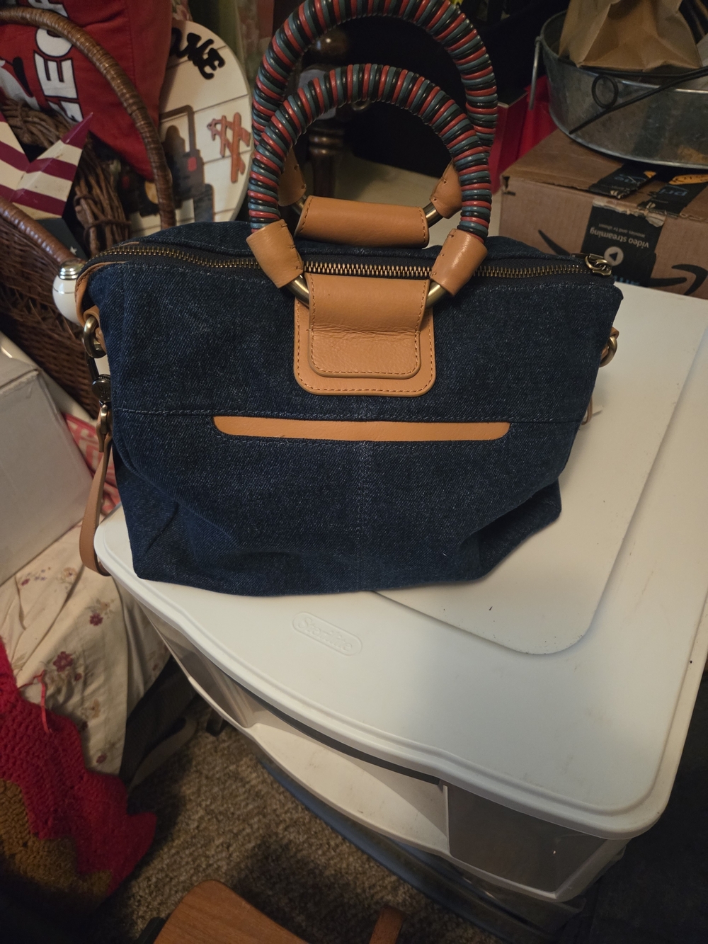 HOBO Dark Blue Denim Satchel with Tan Leather Trim